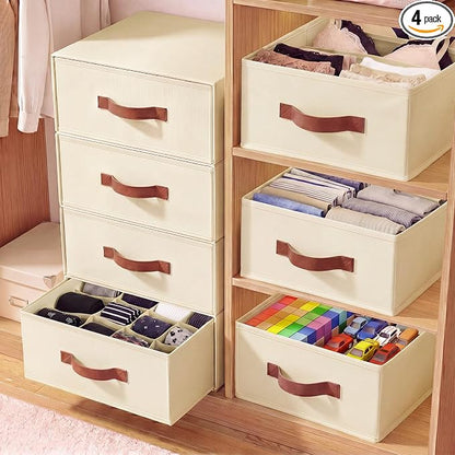 Windyun 4 in 1 Stackable Storage Drawers Closet Organizer with Dividers for Socks Underwear Bras Scarves Ties Large Dresser Organizer Bins Foldable Clothes Storage Boxes, 12 x 15 x 6 Inch(Beige)