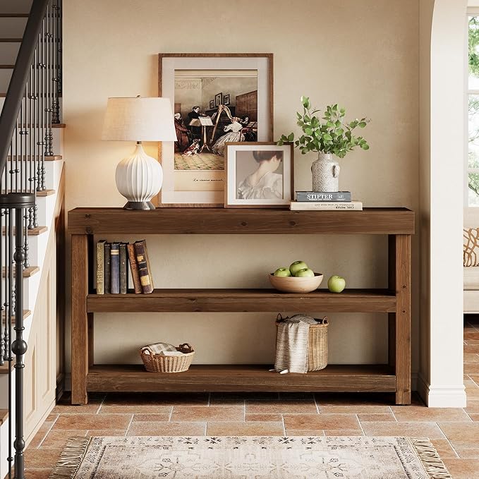 Solid Wood Entry Console Table, 63-Inch Narrow Sofa Table Behind The Couch, Entryway Furniture with Storage Shelves for Hallway Foyer Living Room, Dark Brown
