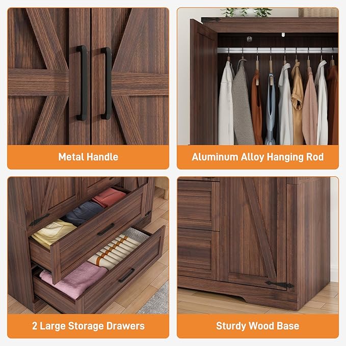 St.Mandyu Farmhouse Wardrobe Armoire Closet with 3 Doors and 2 Drawers, 70.1" Wooden Clothing Storage Cabinet, Freestanding Large Capacity Storage Wardrobe Armoire with Hanging Rod for Bedroom, Brown