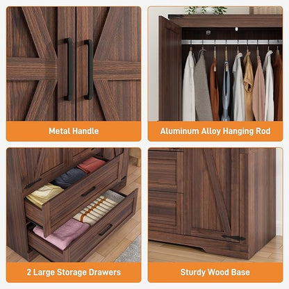 St.Mandyu Farmhouse Wardrobe Armoire Closet with 3 Doors and 2 Drawers, 70.1" Wooden Clothing Storage Cabinet, Freestanding Large Capacity Storage Wardrobe Armoire with Hanging Rod for Bedroom, Brown