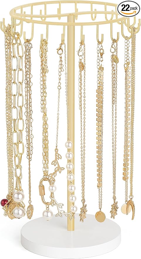 Mkono Necklace Holder Metal Jewelry Display Stand Necklace Organizer with 22 Hooks for Storage and Hanging Bracelet Keychain Home Room Decor for Women,Gold