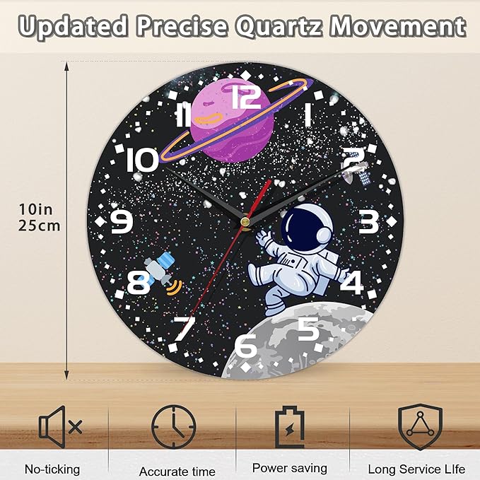 Cartoon Astronaut Wall Clock - Moon Contemporary Home Decor, Easy to Read for Living Room, Bedroom, Bathroom and Kitchen, 10 Inch