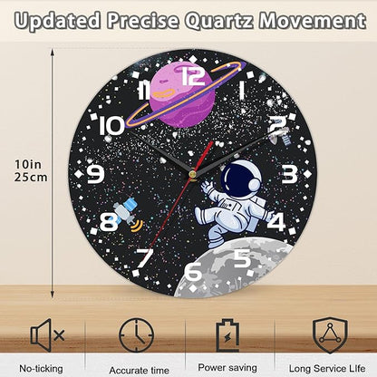 Cartoon Astronaut Wall Clock - Moon Contemporary Home Decor, Easy to Read for Living Room, Bedroom, Bathroom and Kitchen, 10 Inch