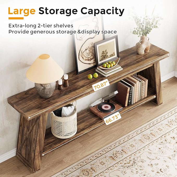 70.87-Inch Console Table for Entyrway, Extra Long Sofa Table Behind Couch, Farmhouse 2-Tier Entry Table for Hallway, Foyer, Rustic Brown