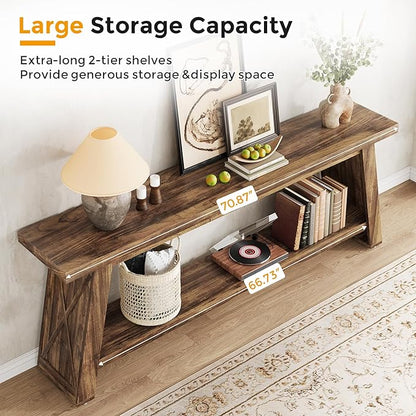 70.87-Inch Console Table for Entyrway, Extra Long Sofa Table Behind Couch, Farmhouse 2-Tier Entry Table for Hallway, Foyer, Rustic Brown