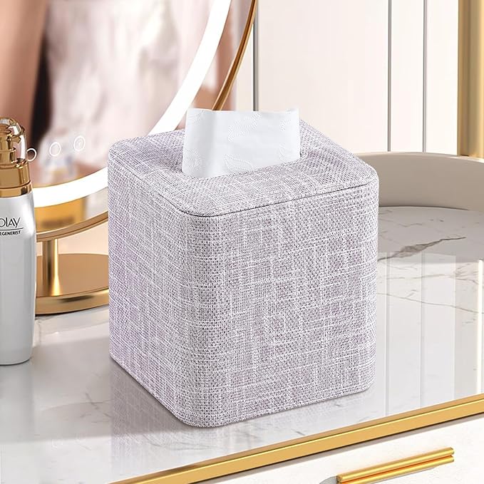 MEIBOOCH PU Leather Tissue Box Cover with Magnetic Closure, Square Tissue Box Holder with Rounded Edges Design (Purple, Square)