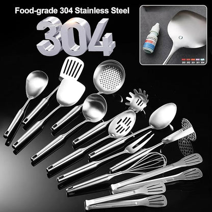 NIITAWH Stainless Steel Kitchen Utensils 13 PCS Metal Set, Solid and Slotted Spoon, Fork, Spatula, Ladle, Skimmer, Slotted Spatula Tunner, Spaghetti Large Spoon, Meat Fork, Masher, Whisk, Tongs