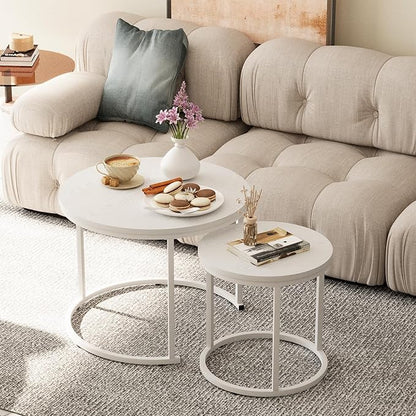 Garden 4 you Nesting Coffee Table, 23.6" Round Coffee Table Set of 2, Wooden Nesting Table Set with Metal Frame, Side Tables for Living Room Bedroom Balcony, White