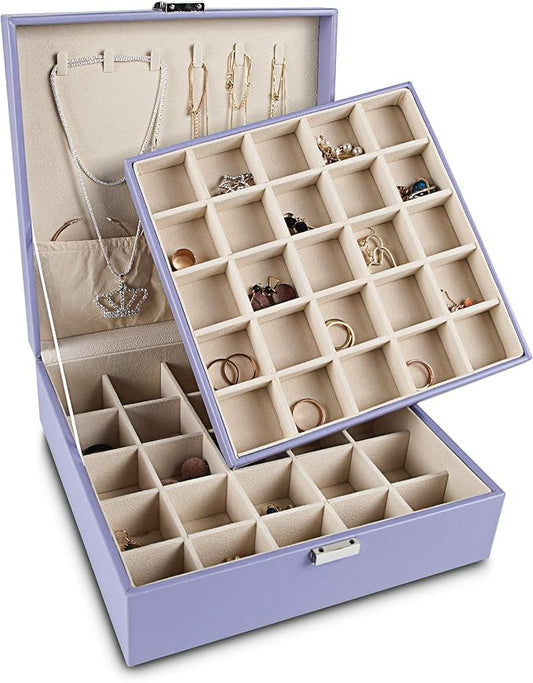 Frebeauty Earring Organizer Classic Jewelry Box 50 Slots Double Layer Jewelry Storage Case with 6 Necklace Hook and Bracelet Pocket(Purple)