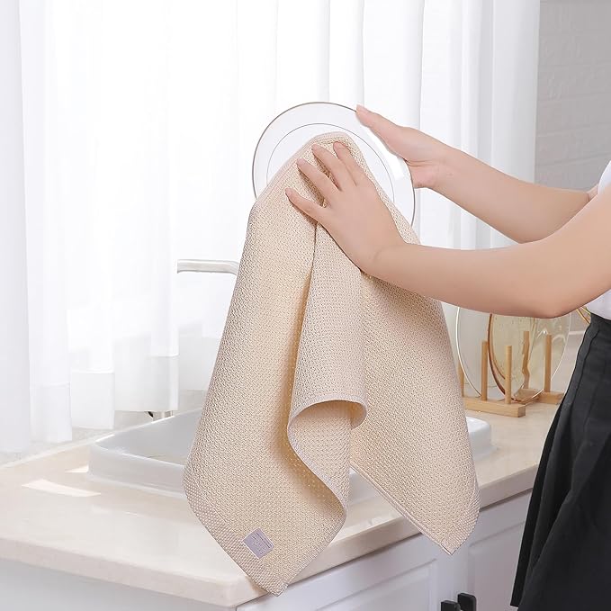 Homaxy 100% Cotton Waffle Weave Kitchen Dish Towels, Ultra Soft Absorbent Quick Drying Cleaning Towel, 13 x 28 Inches, 18-Pack, Beige