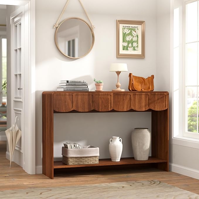 ORRD Console Table with Drawers, Mid-Century 43 Inches Narrow Entryway Tables with Open Storage Shelves, Hallway Accent Tables Behind Couch Table for Living Room - Walnut