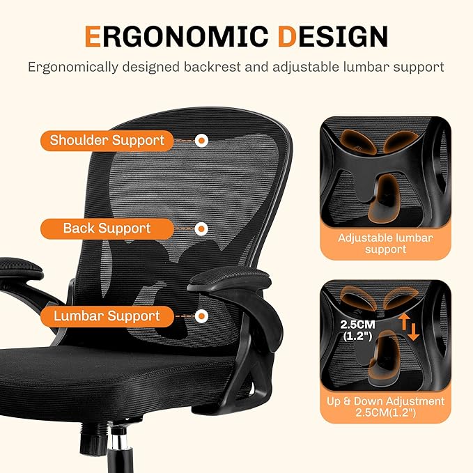 Office Chair, Ergonomic Mesh Desk Chair with Adjustable Lumbar Support & Flip-Up Armrest, Mid Back Computer Chair, Swivel Task Rolling Chair for Home and Office (Black)
