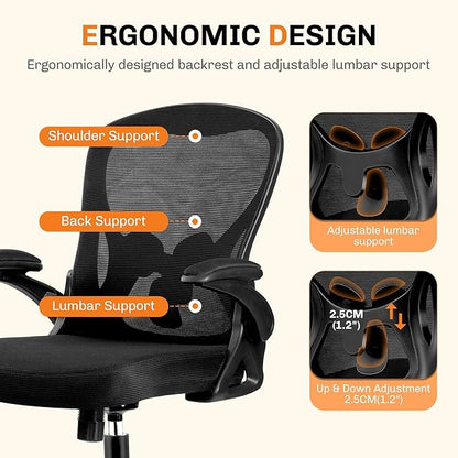 Office Chair, Ergonomic Mesh Desk Chair with Adjustable Lumbar Support & Flip-Up Armrest, Mid Back Computer Chair, Swivel Task Rolling Chair for Home and Office (Black)