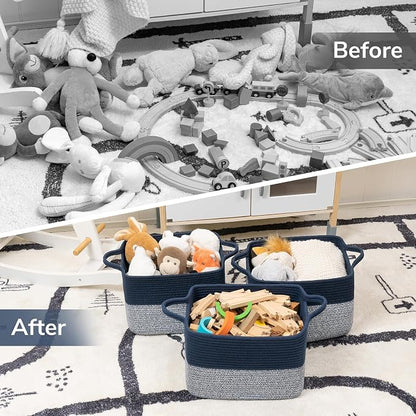 Goodpick Woven Storage Baskets for Organizing, Cotton Rope Organizer for Living Room, Closet Storage Bins for Toys Books, Rectangle Laundry Basket with Handles, 13"x10"x9", Black & Gray