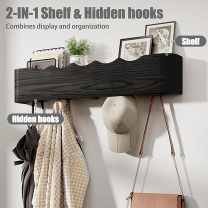 Coat Rack Wall Mount with Shelf 8 Hidden Hooks Modern Wooden Key Holder Entryway Organizer for Hallway Bedroom Bathroom Home Decor Storage for Hanging Coats Hats Bags Towels, Wave-Shape Black
