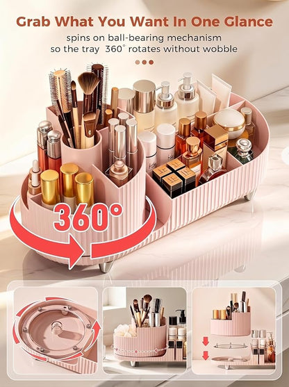 Booklov Rotating Makeup Caddy Organizer for Vanity, Large Capacity Cosmetic Display Case, Countertop Beauty Storage Holder for Skincare, Brush Eyeshadow Lipstick, Counter Desk Organization, Pink