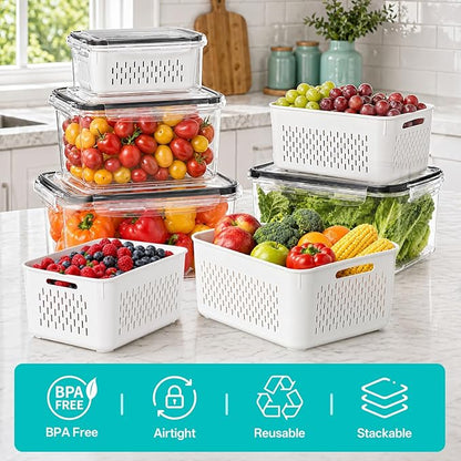 HOMETALL 5 Pack Fruit Storage Containers for Fridge Set, Fruit Washing Bowl with Strainer, Reusable Fridge Organizers and Storage for Berry Salad Lettuce, Size 4.5, 3.4, 1.8, 0.9, 0.4QT
