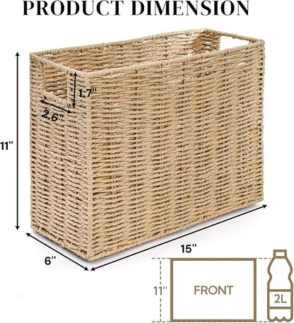 Woven Magazine Holder, 15'' x 6'' x 11'' Book Basket with Built-in Handles, Narrow File Storage Newspaper Organizer for Living Room, Bedroom, Office, Bathroom