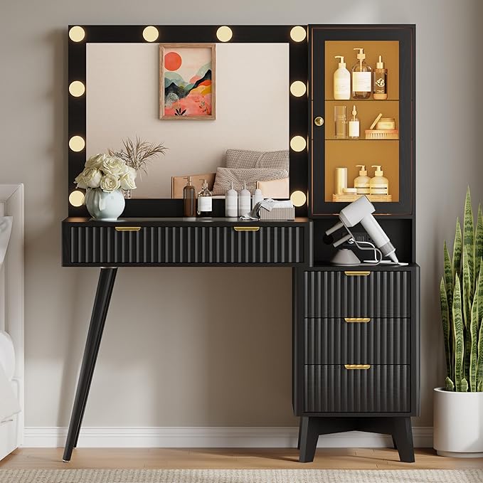 45'' Fluted Makeup Vanity Desk with LED Lights Mirror & Charging Station, Modern Glass Top Vanity Table with 5 Drawers & Glass Cabinet, Dressing Table for Bedroom, Living Room, Black