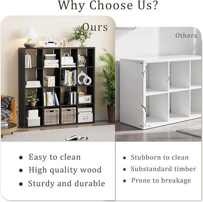 Cube Storage Organizer Bookcase, Decorative 11 inch Open Back Cubical Shelf with Thickened Border, Display Bookshelf for Living Room, Home Office, Sturdy Room (Black, 16 Cube)