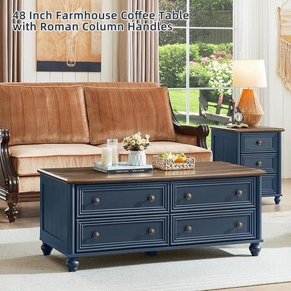 48" Farmhouse Coffee Table with Hidden Storage,Wooden Coffee Tables with 4 Drawers & Roman Column Handle,Rectangular Rustic Center Table with Solid Wood Curved Legs for Living Room,Office,Blue