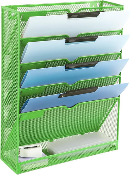 EASEPRES 6 Tier Mesh Hanging Wall File Organizer, Desk Vertical Mail Paper Document Folder Holder Rack with Bottom Tray and Nametag Label for Office Home School, Green