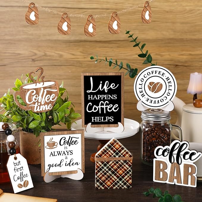 11 Pcs Coffee Tiered Tray Decor Coffee Time Rustic Farmhouse Tiered Tray Decorations Set Home Wooden Signs Vintage Farm Animal Farmhouse Tabletop Wood Signs for Kitchen Table Shelf Decor