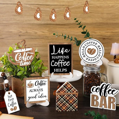 11 Pcs Coffee Tiered Tray Decor Coffee Time Rustic Farmhouse Tiered Tray Decorations Set Home Wooden Signs Vintage Farm Animal Farmhouse Tabletop Wood Signs for Kitchen Table Shelf Decor