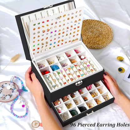 QBestry Earring Jewelry Box for Women Girls Stud Organizer, 5 Layers Black Jewelry Organizer Box With Lock Necklaces and Earrings Holder Jewelry Box with Earring Organizxer for Women Girls Xmas Gifts