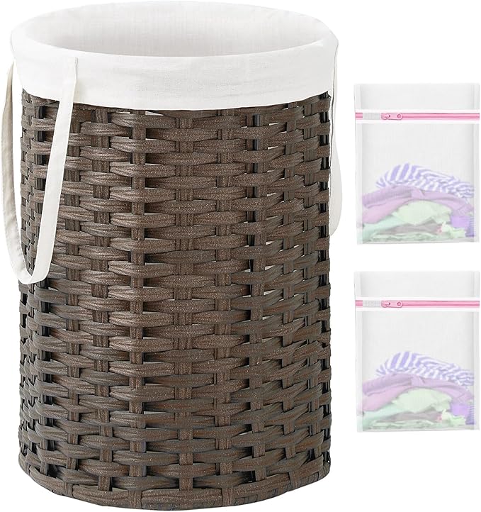 Laundry Hamper Laundry Basket Round 19.0 Gal (72 L) Handwoven Rattan Hamper, Large Wicker Laundry Hamper with Removable Laundry Bag Handles 2 Mesh Bags for Bathroom Living Room Brown (No Lid)