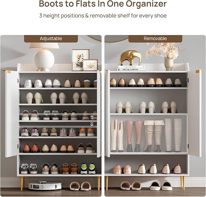 SICOTAS Fluted Shoe Cabinet - 50.7" Tall, 7-Tier Shoe Storage Cabinet with Adjustable Shelves & Doors, Modern Entryway Shoe Organizer for Hallway Front Door Closet, White
