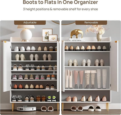 SICOTAS Fluted Shoe Cabinet - 50.7" Tall, 7-Tier Shoe Storage Cabinet with Adjustable Shelves & Doors, Modern Entryway Shoe Organizer for Hallway Front Door Closet, White