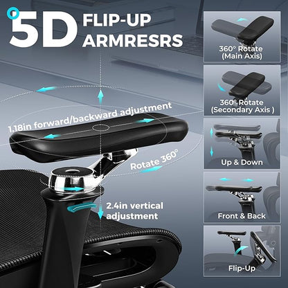 Ergonomic Office Chair with Footrest, Big and Tall Home Desk Chair, High Back Rolling Computer Chair with 5D Flip-Up Arms and Lumbar Support, Comfy Gaming Chair, Swivel Mesh Chairs, Black