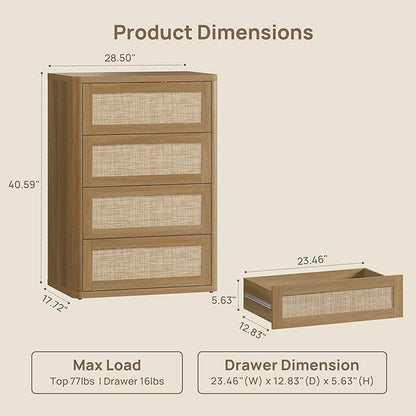 SICOTAS 4 Drawer Dresser for Bedroom-40.59'' Tall Rattan Bedroom Dressers with Oversized Drawers, Modern Wooden Chest of Drawers, Push-to-Open Storage Dresser for Closet, Nursery, Amber Oak, 2PCS