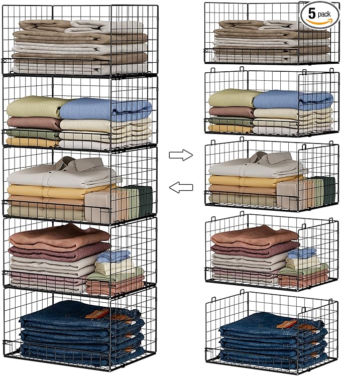 Yociyoga 5-Tier Stackable Closet Organizers and Storage Shelves, Closet Shelf Organizer Basket Bins, Foldable Sweater Storage for Closet Organizer System, Black(Patent 30022416)