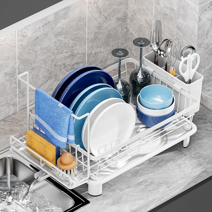 Dish Drying Rack, Stainless Steel-Dish Rack, Dish Racks for Kitchen Counter, Kitchen Dish Drainers with Removable Utensil Holder,New drain outlet,Plate Rack and Drainboard,(white 2 with Sponge Rack)