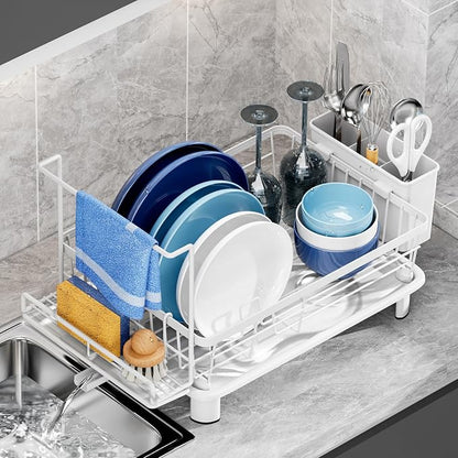 Dish Drying Rack, Stainless Steel-Dish Rack, Dish Racks for Kitchen Counter, Kitchen Dish Drainers with Removable Utensil Holder,New drain outlet,Plate Rack and Drainboard,(white 2 with Sponge Rack)