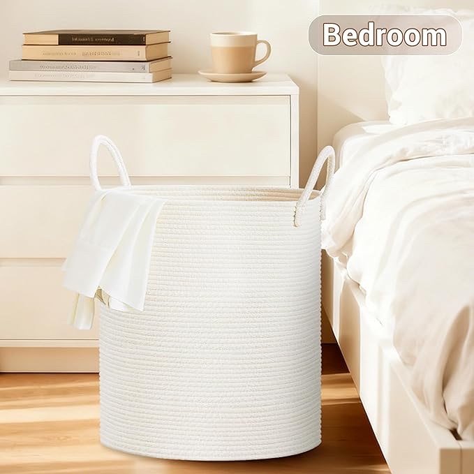 SunNewt Tall Laundry Basket with Handles, 88L Portable Dirty Clothes Hamper, Boho Cotton Rope Storage Bin for Blankets Kids Toys Gifts, Large Organizer for Baby Nursery Bedroom Bathroom, White