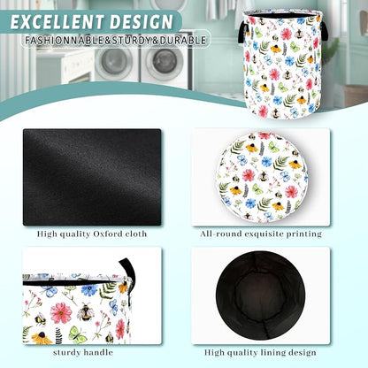 Cute Bee Floral Flowers Laundry Basket Foldable With Handles BeesTote Bag Oxford Cloth Colorful Laundry Hamper Clothes Storage Bucket Toy Organizer 18.9"x16.5" For Bathroom/Laundry/Bedroom