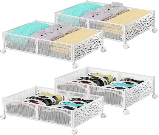 PHINOX Under Bed Storage, Under the Bed Storage Containers with Wheels, Under Bed Shoe Storage Organizer Drawer for Bedroom Clothes Shoes Blankets -4Pack