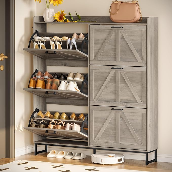 Shoe Cabinet Storage for Entryway, Shoe Storage Cabinet with 6 Flip Drawers, Freestanding Narrow Shoe Rack Organizer with Metal Legs for Foyer, Hallway, Grey