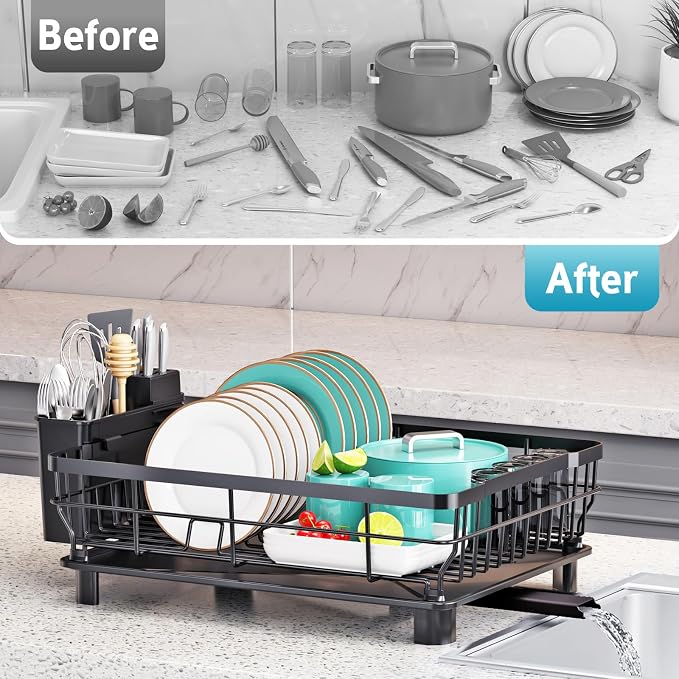 Dish Drying Rack - Space Saving Dish Rack - Dish Racks for Kitchen Counter with Drainboard,Rustproof Dish Drainer with Removable Utensil Holder,Black
