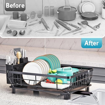 Dish Drying Rack - Space Saving Dish Rack - Dish Racks for Kitchen Counter with Drainboard,Rustproof Dish Drainer with Removable Utensil Holder,Black