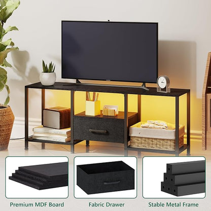 JARHETUN TV Stand with LED Lights, Entertainment Center with Open Shelves and Fabric Drawer, Media Console for 55 Inch TV, Television Stands for Living Room, Bedroom, Black