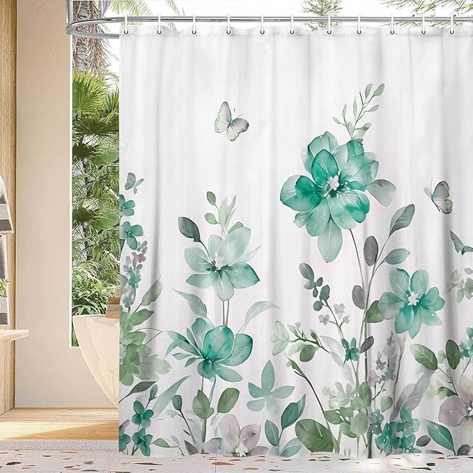 Teal Floral Shower Curtain, Teal Lavender Floral Butterfly Boho Shower Curtains for Bathroom, Farmhous Flower Cute Fabric Shower Curtain Set with 12PCS Hooks, 70X85IN