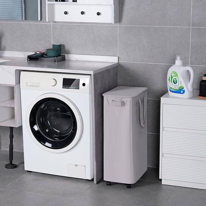 Vincona Slim Laundry Hamper with Lid and Wheels, Small Rolling Laundry Basket with Handle for Small Spaces, Tall Dirty Clothes Hampers for Dorm, Bathroom and Bedroom, 75L, Grey