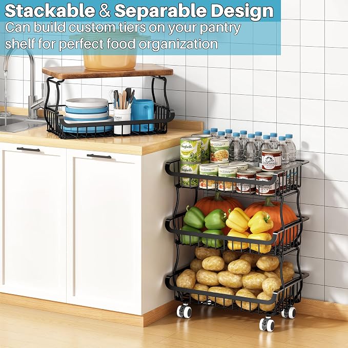 5 Tier Vegetable Fruit Basket for Kitchen, Stackable Metal Fruit and Vegetable Storage Baskets with Rolling Wheels Cart, Pantry organizers and storage for Kitchen Bathroom Livingroom Laundry room Cart