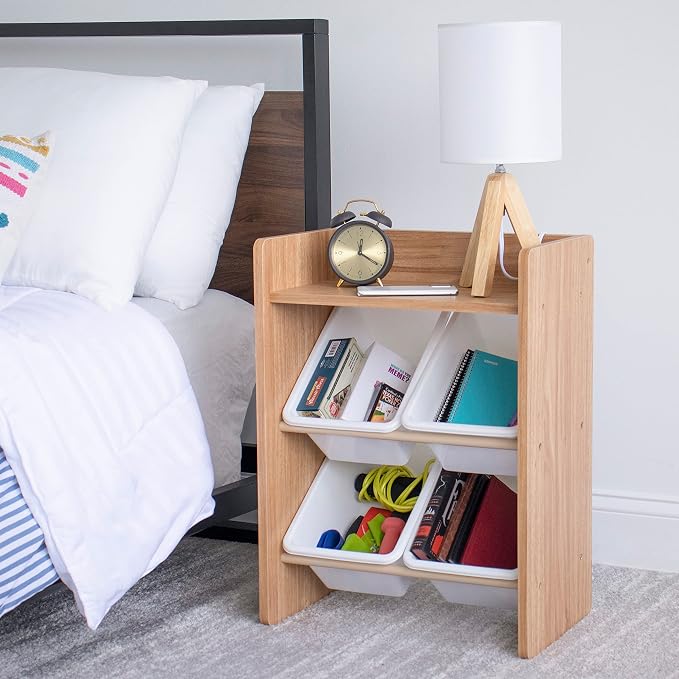 Humble Crew 4-Bin Storage End Table – Nightstand with Natural Wood Frame & White Plastic Bins, 2-Tier Organizer with Shelf for Bedrooms, Dorms & Small Spaces