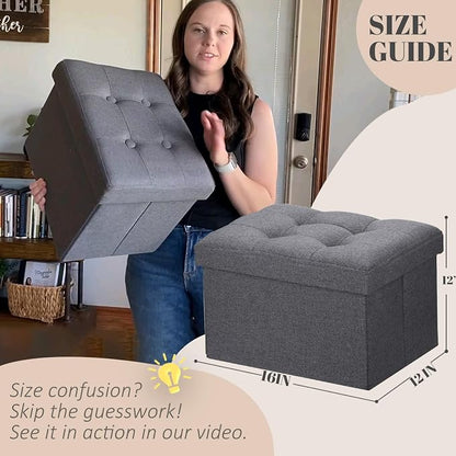 LINMAGCO Ottoman Storage Ottoman with Storage Small Foot Rest Stool Under Desk Stool Short Folding Footrest Linen Cloth Dark Gray 16X12X12IN