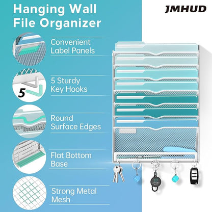 8-Tier Hanging Wall File Organizer with 5 Hooks, Mesh Wall File Holder Vertical Mount Mail Organizer for Papers, Folders, Magazines, Bills, Office and School, White